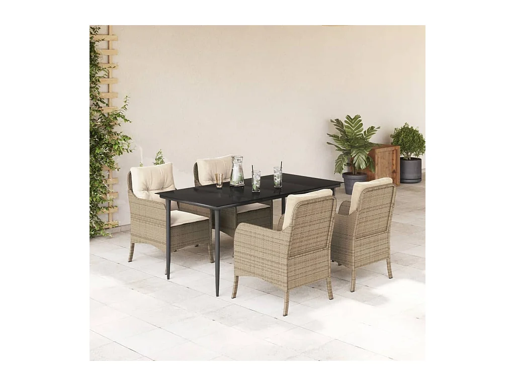 Ensemble à manger de jardin avec coussins 5pcs Beige poly rotin
