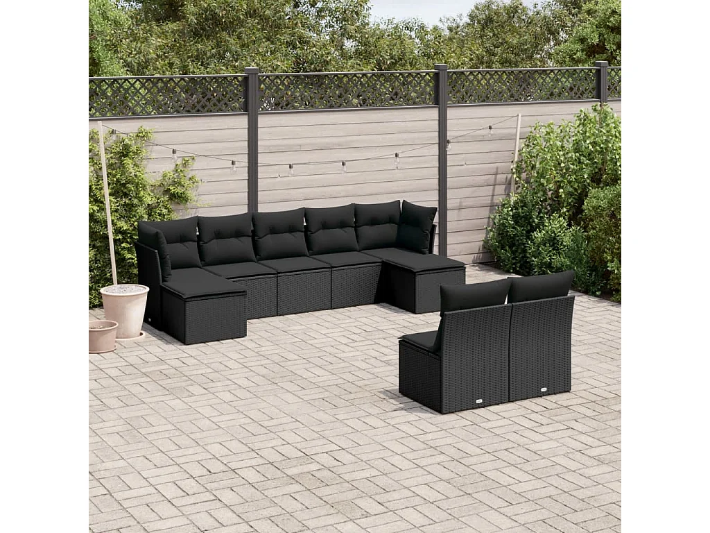 9-tlg. Garten-Sofagarnitur mit Kissen Schwarz Poly Rattan
