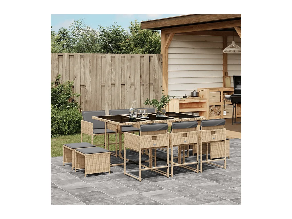 Ensemble à manger de jardin et coussins 11 pcs mélange beige