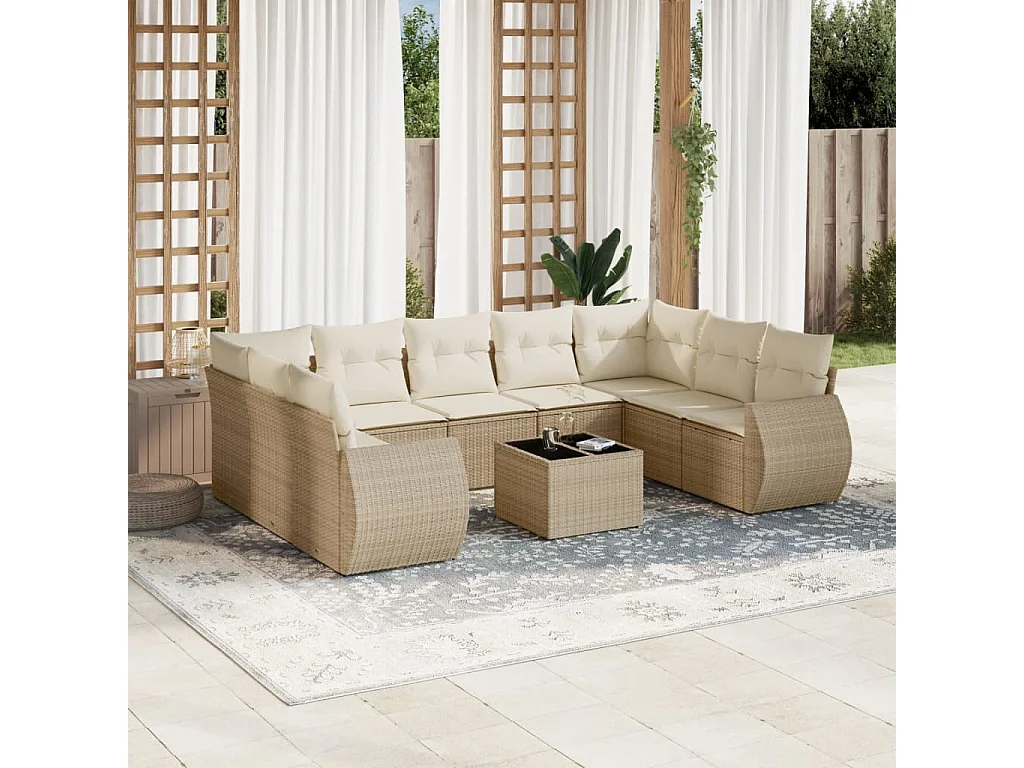 Salon de jardin avec coussins 10 pcs beige résine tressée
