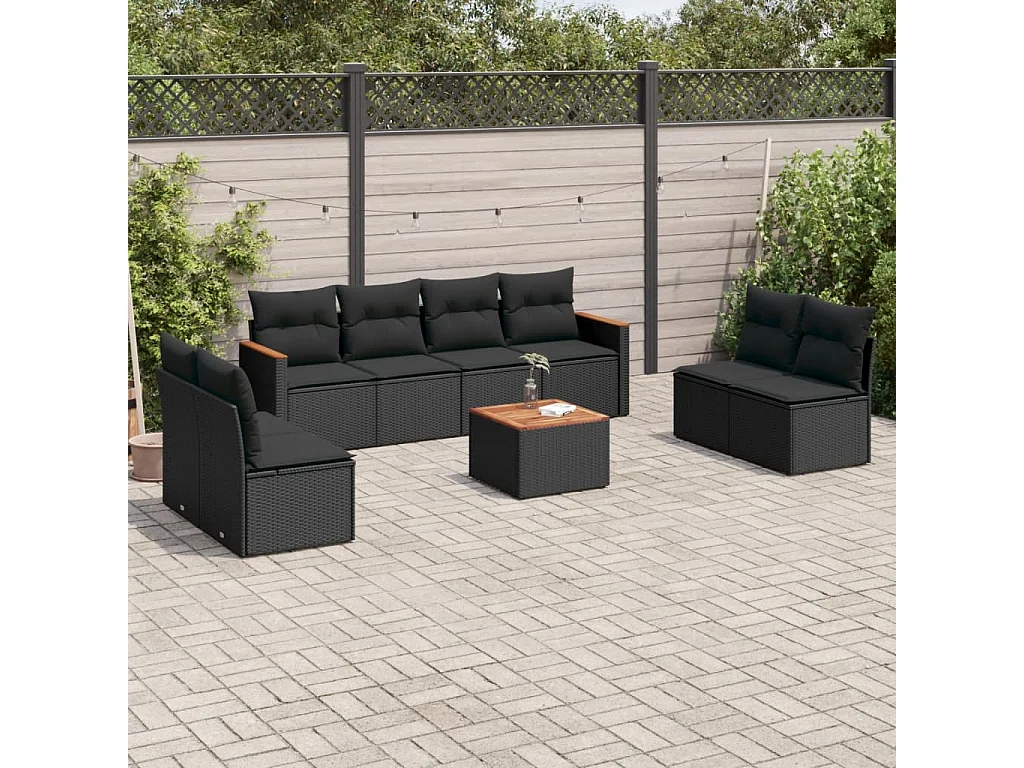 9-tlg. Garten-Sofagarnitur mit Kissen Schwarz Poly Rattan