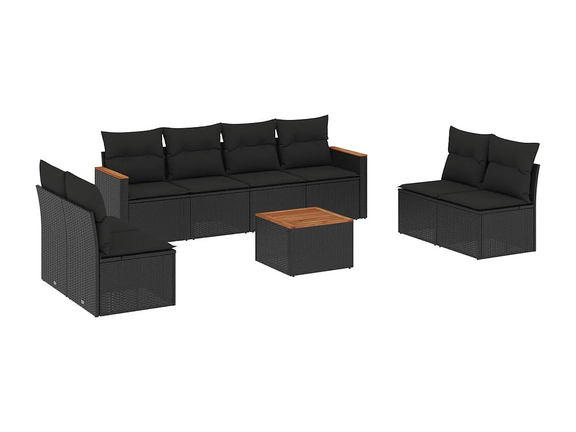 9-tlg. Garten-Sofagarnitur mit Kissen Schwarz Poly Rattan