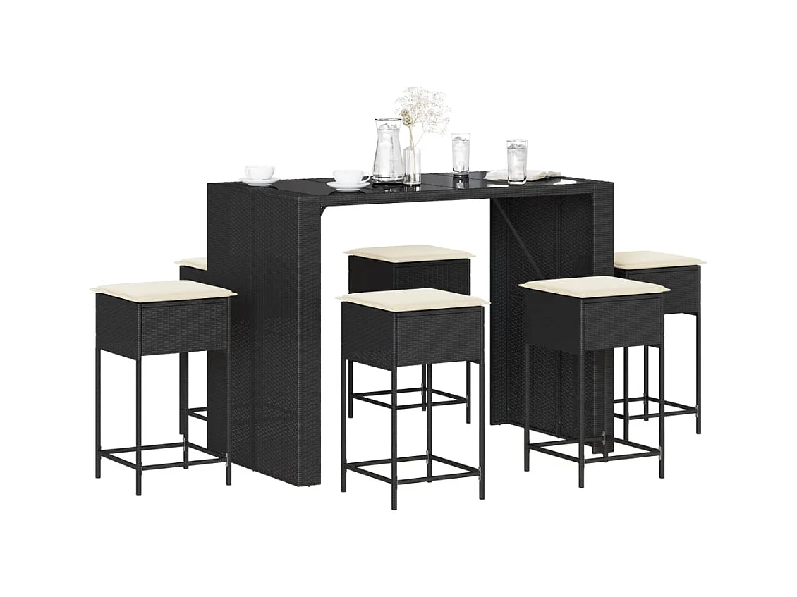 7-tlg. Gartenbar-Set mit Kissen Schwarz Poly Rattan