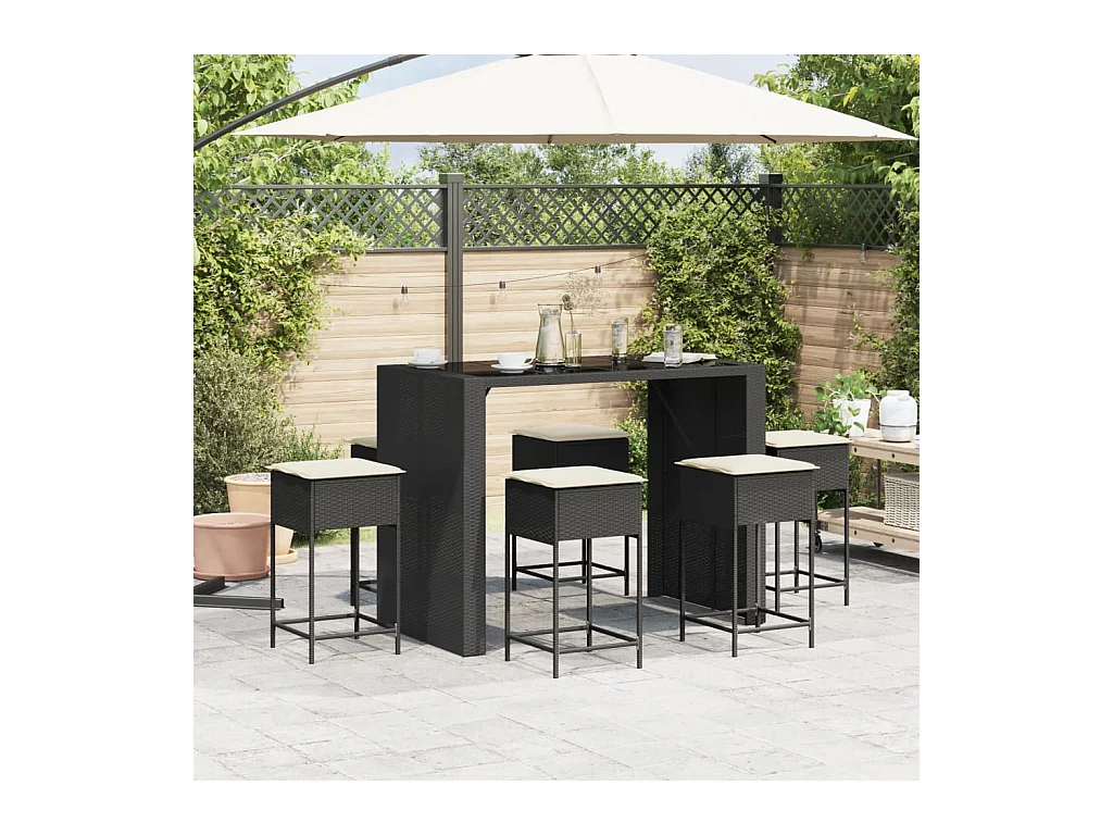7-tlg. Gartenbar-Set mit Kissen Schwarz Poly Rattan
