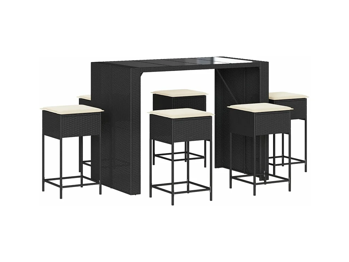 7-tlg. Gartenbar-Set mit Kissen Schwarz Poly Rattan
