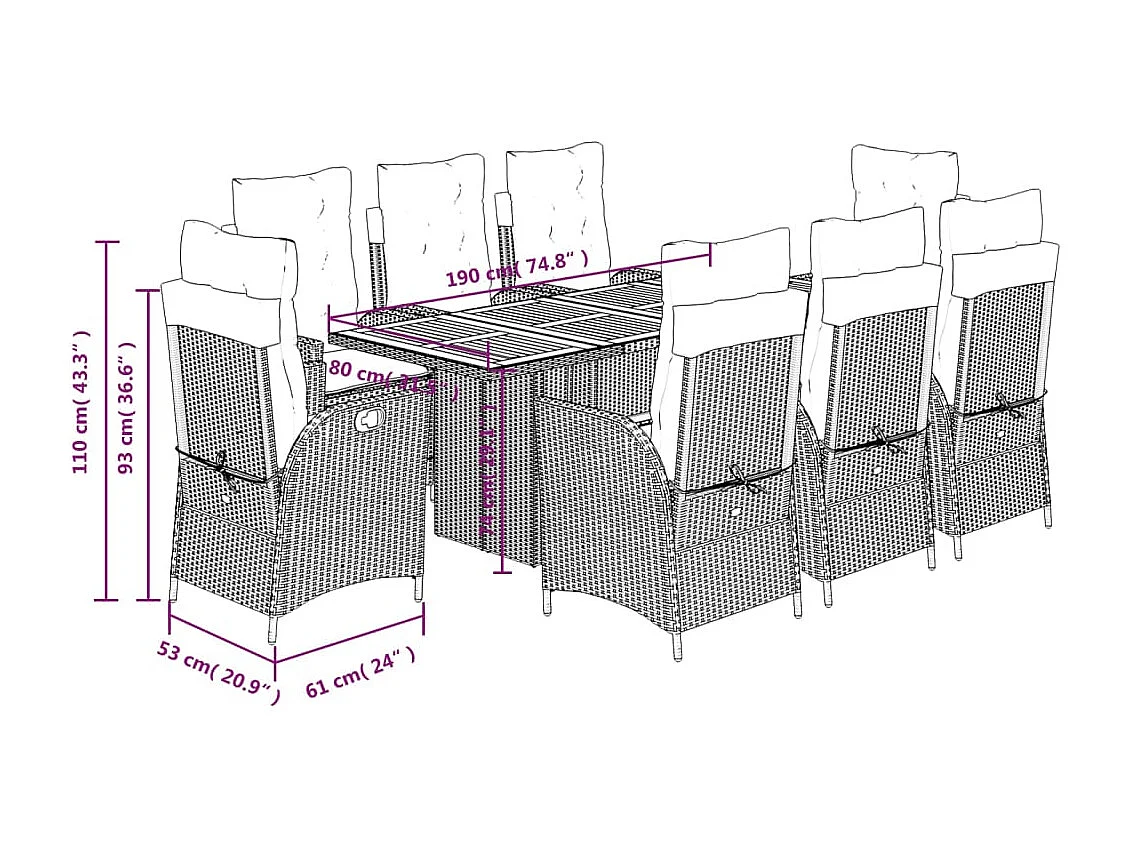 Ensemble à manger de jardin 9pcs coussins noir résine tressée
