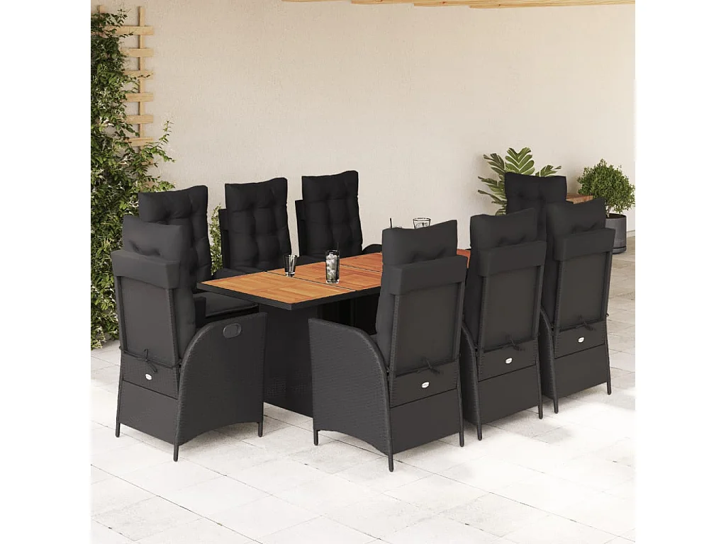 9-tlg. Garten-Essgruppe mit Kissen Schwarz Poly Rattan