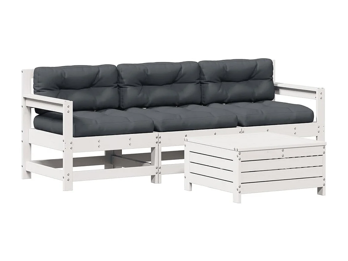 Salon de jardin 4 pcs avec coussins blanc bois de pin massif