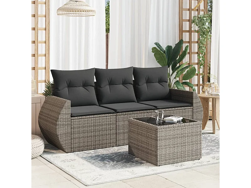 Salon de jardin 4 pcs avec coussins gris résine tressée