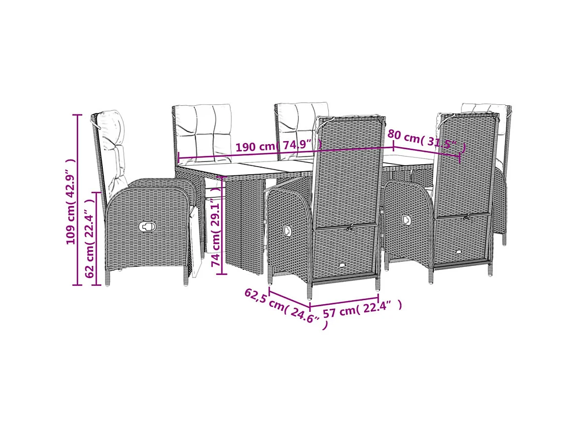 Ensemble à manger de jardin et coussins 7 pcs gris rotin