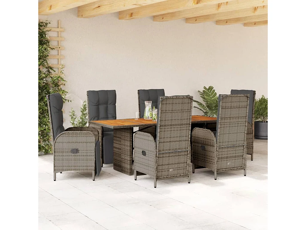 Ensemble à manger de jardin et coussins 7 pcs gris rotin