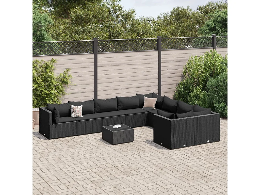 Salon de jardin 10 pcs avec coussins noir résine tressée