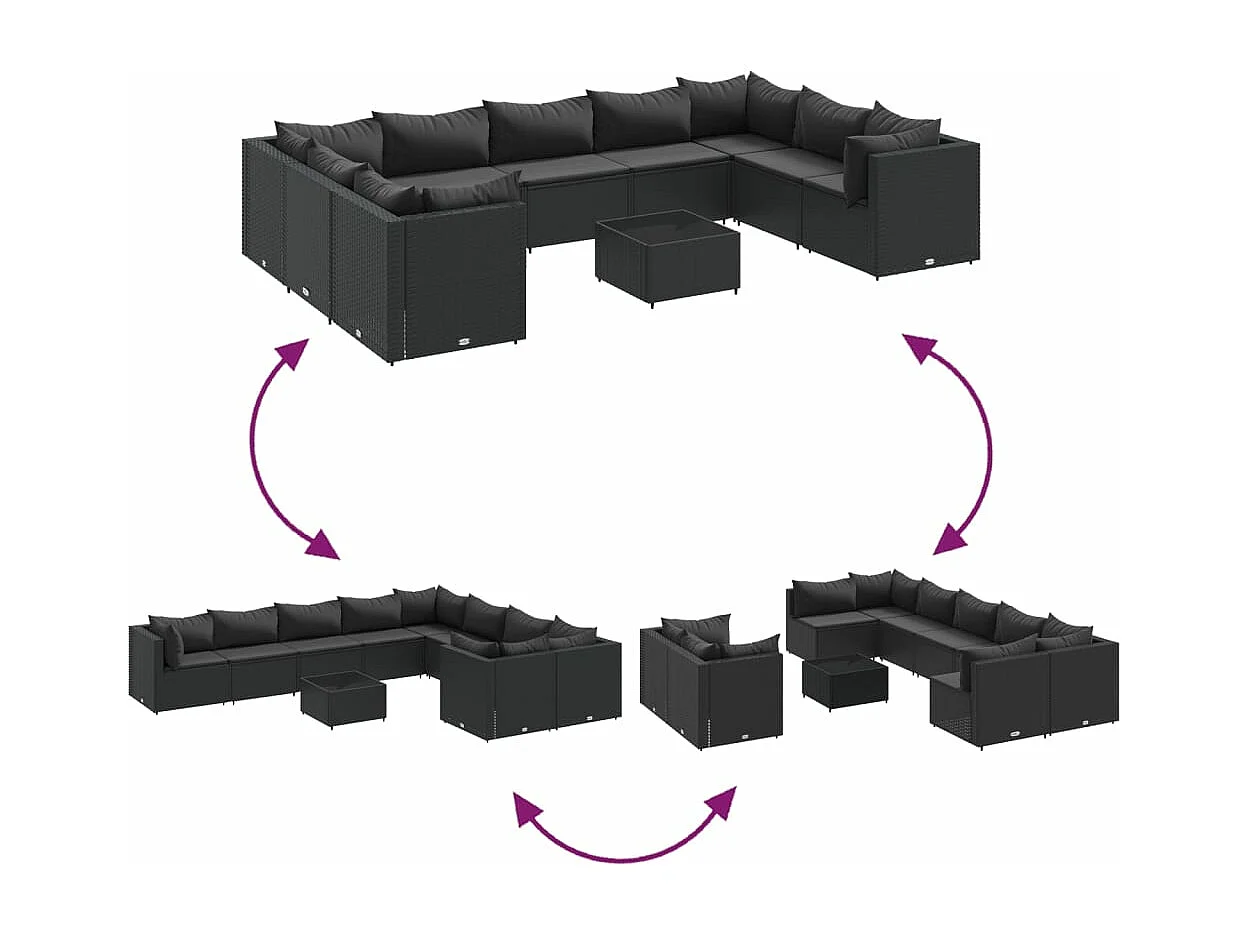 Salon de jardin 10 pcs avec coussins noir résine tressée