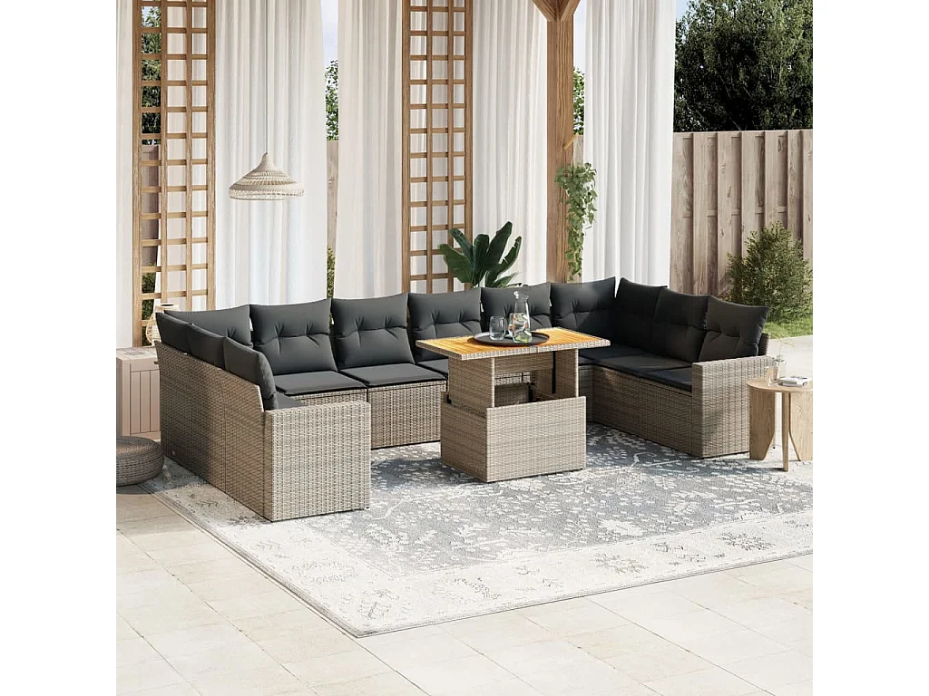Salon de jardin 11 pcs avec coussins gris résine tressée