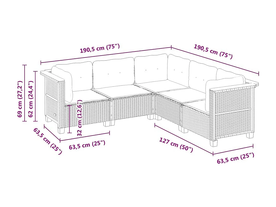 5 pcs conjunto sofás de jardim c/ almofadões vime PE cinzento