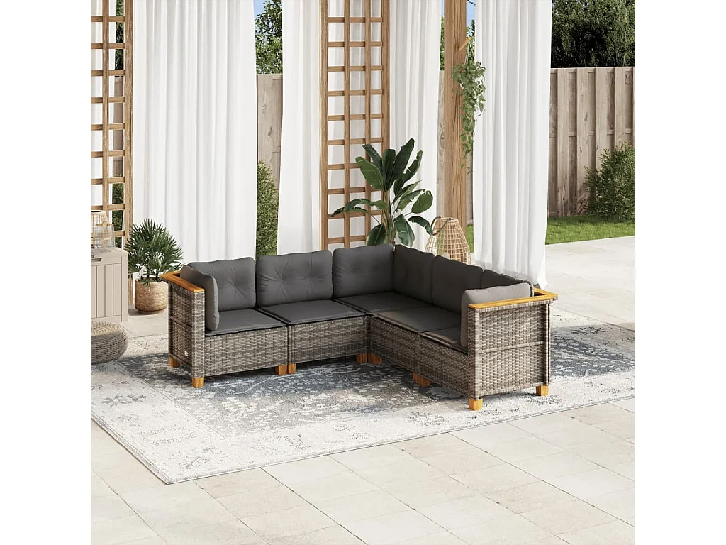 5 pcs conjunto sofás de jardim c/ almofadões vime PE cinzento