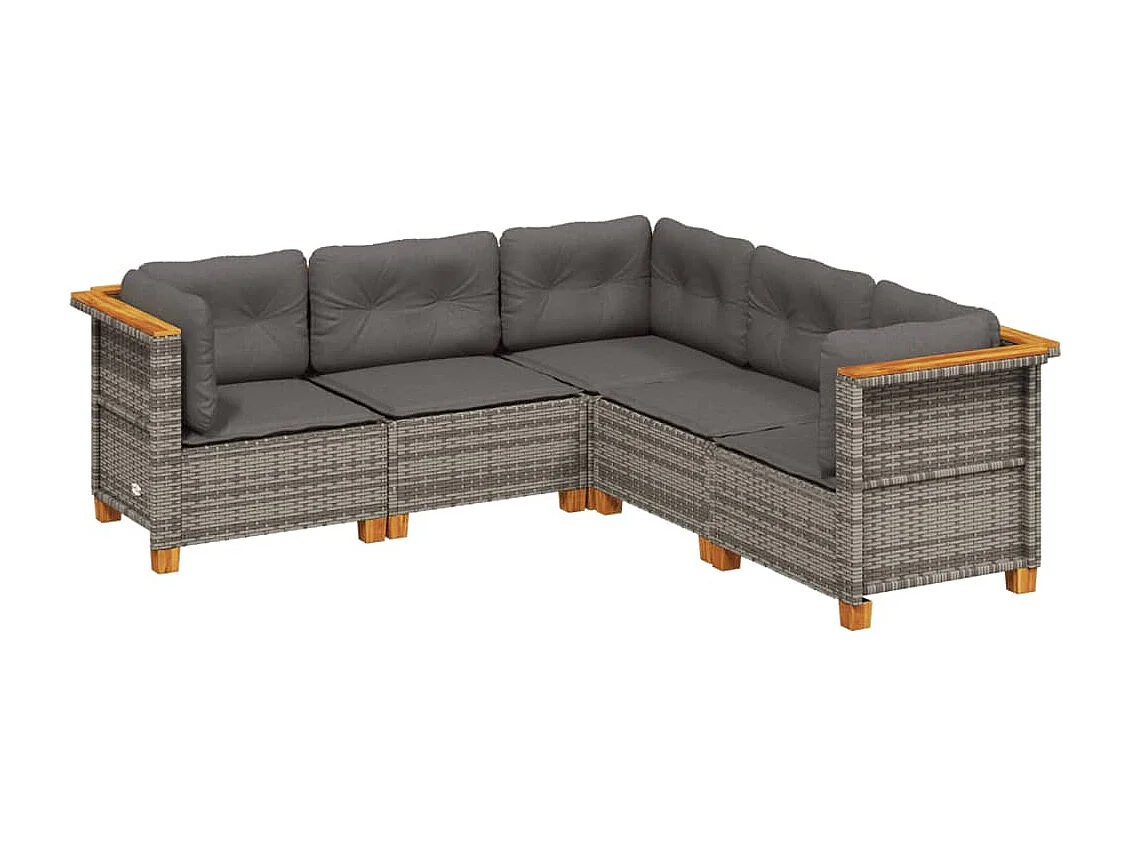 5 pcs conjunto sofás de jardim c/ almofadões vime PE cinzento