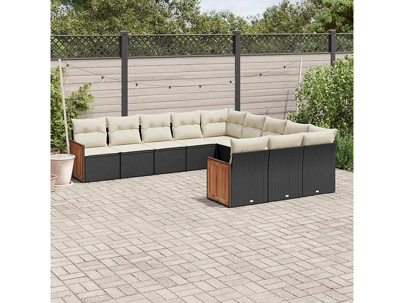 11-tlg. Garten-Sofagarnitur mit Kissen Schwarz Poly Rattan