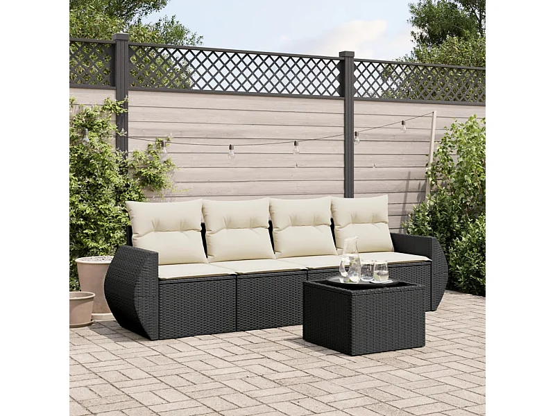 5-tlg. Garten-Sofagarnitur mit Kissen Schwarz Poly Rattan