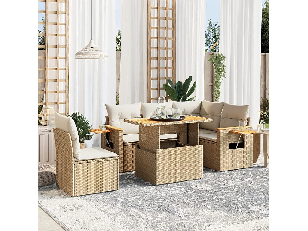6-delige Loungeset met kussens poly rattan beige