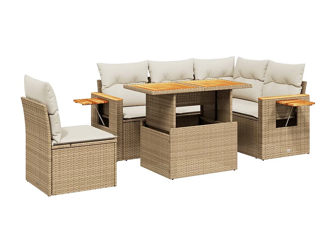 6-delige Loungeset met kussens poly rattan beige