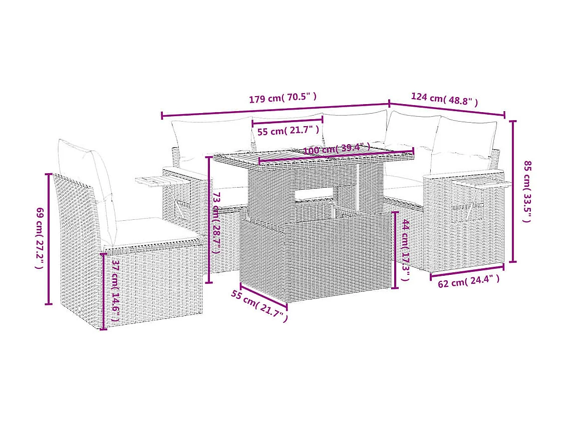 6-delige Loungeset met kussens poly rattan beige