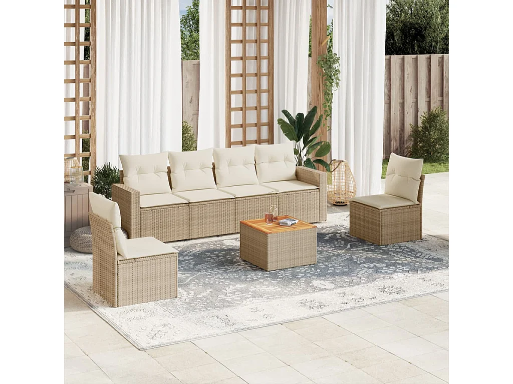 7-tlg. Garten-Sofagarnitur mit Kissen Beige Poly Rattan