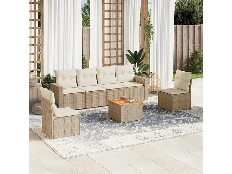 Salon de jardin avec coussins 7 pcs beige résine tressée