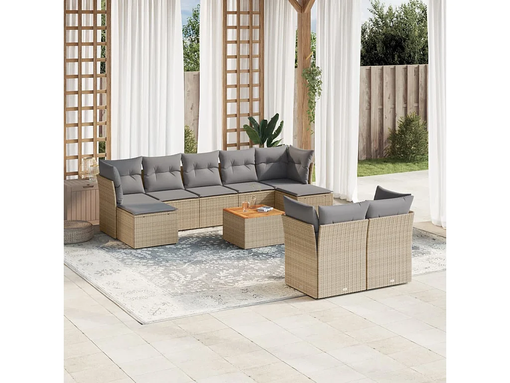 Salon de jardin et coussins 10 pcs mélange beige résine tressée