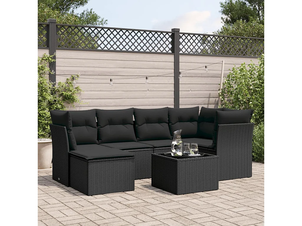 7-tlg. Garten-Sofagarnitur mit Kissen Schwarz Poly Rattan