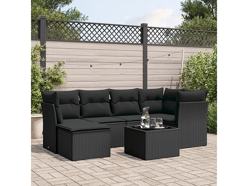 Salon de jardin 7 pcs avec coussins noir résine tressée