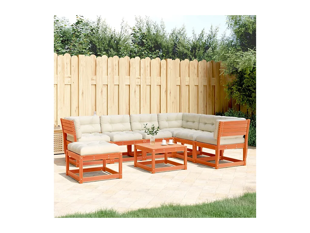 Salon de jardin 7 pcs avec coussins cire marron bois pin massif