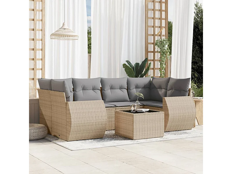 Salon de jardin avec coussins 7 pcs beige résine tressée
