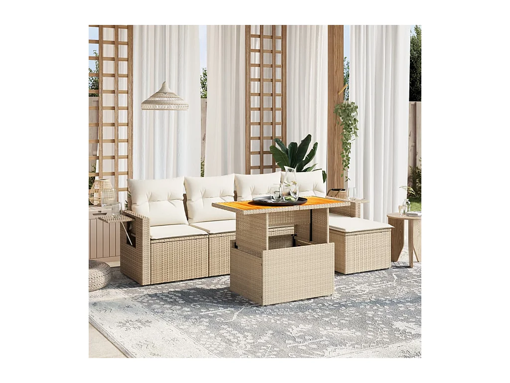 Salon de jardin avec coussins 6 pcs beige résine tressée