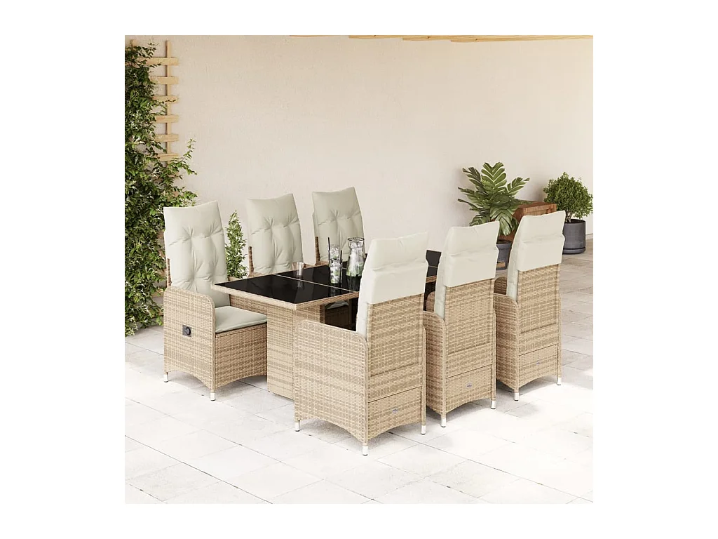 Ensemble de bistro de jardin 7 pcs coussins beige poly rotin