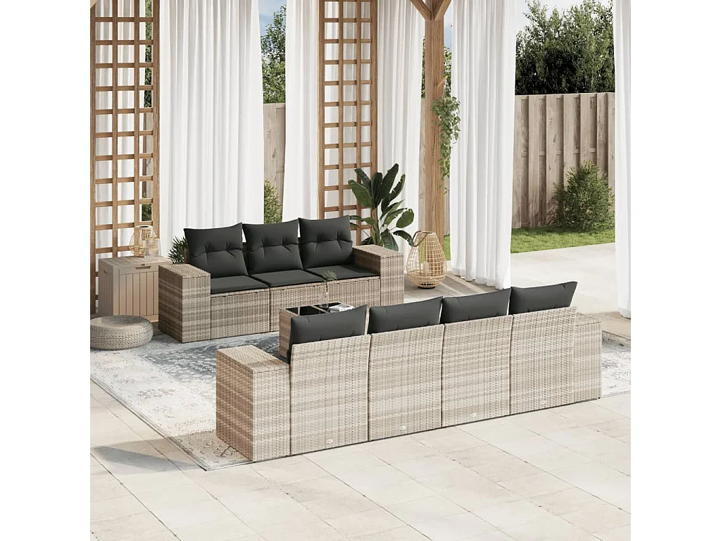 Set Divano da Giardino 8pz con Cuscini Grigio Chiaro Polyrattan