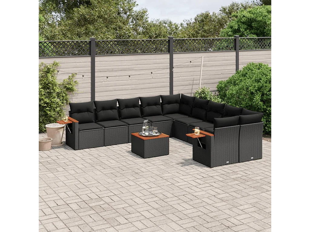 11-tlg. Garten-Sofagarnitur mit Kissen Schwarz Poly Rattan