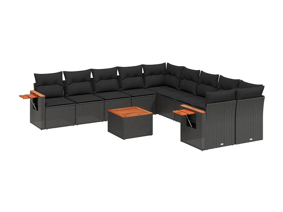 11-tlg. Garten-Sofagarnitur mit Kissen Schwarz Poly Rattan