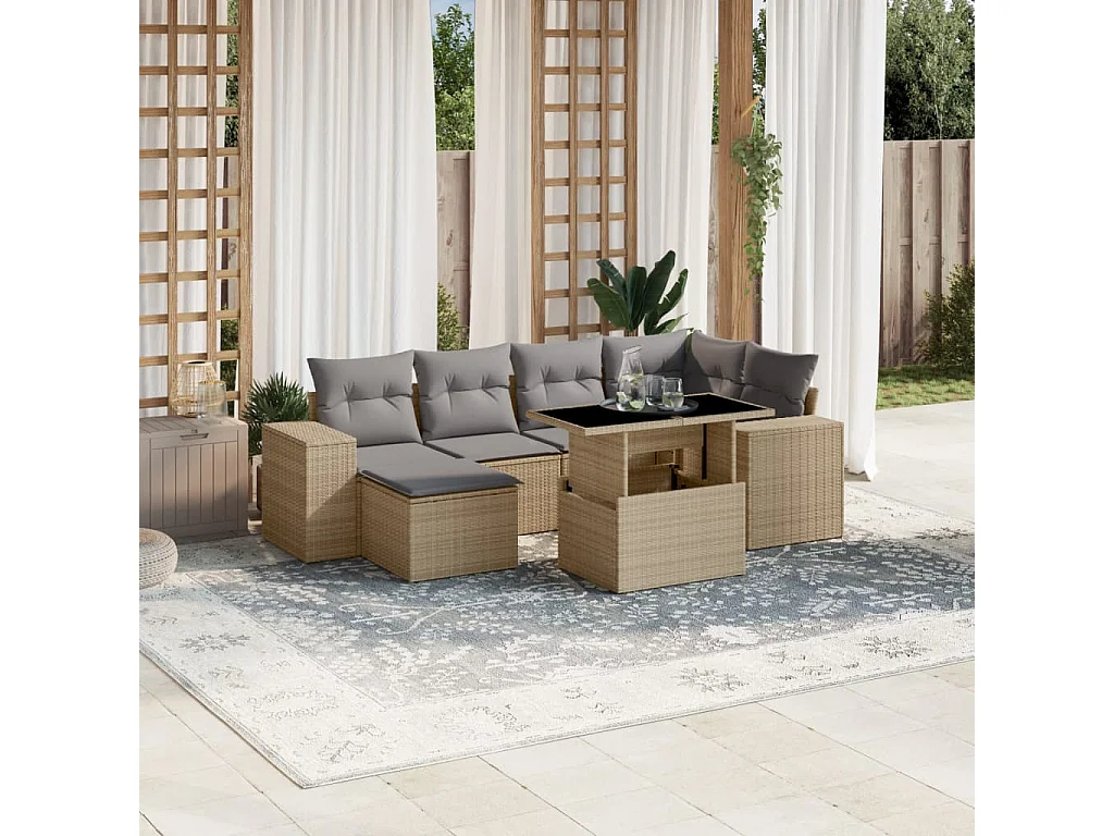 Set Divani da Giardino 7 pz con Cuscini Beige in Polyrattan