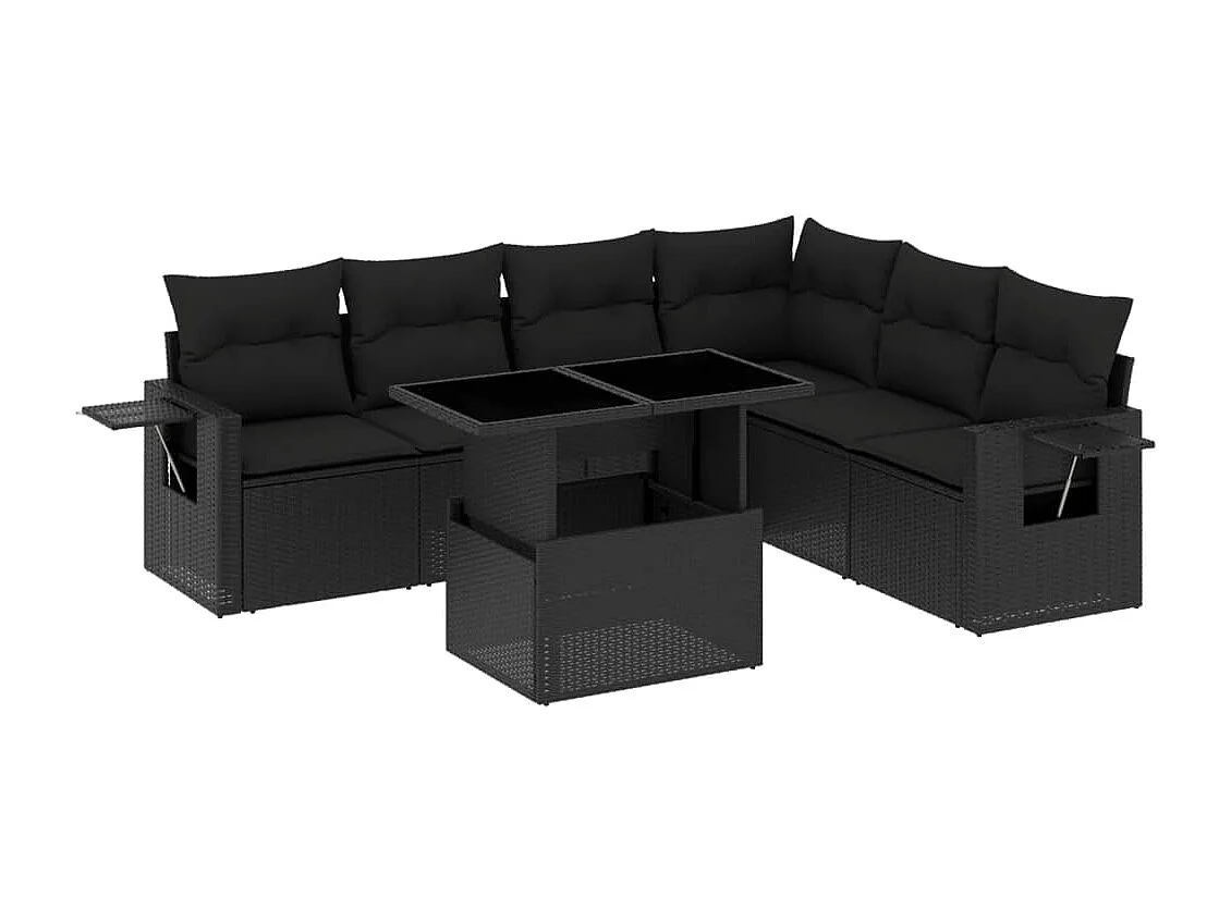 Salon de jardin 7 pcs avec coussins noir résine tressée