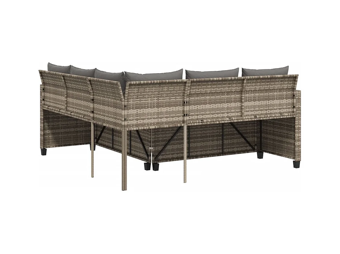 Sofá de jardim forma de L c/ mesa e almofadões vime PE cinzento