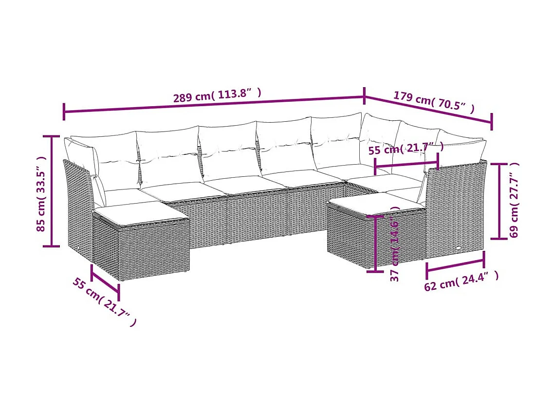 Set Divano da Giardino 9pz con Cuscini Grigio Chiaro Polyrattan