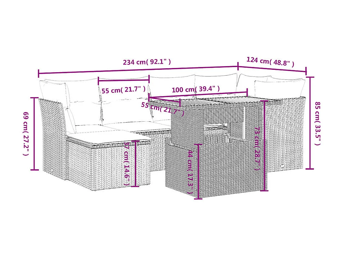 Set Divani da Giardino 7 pz con Cuscini Beige in Polyrattan
