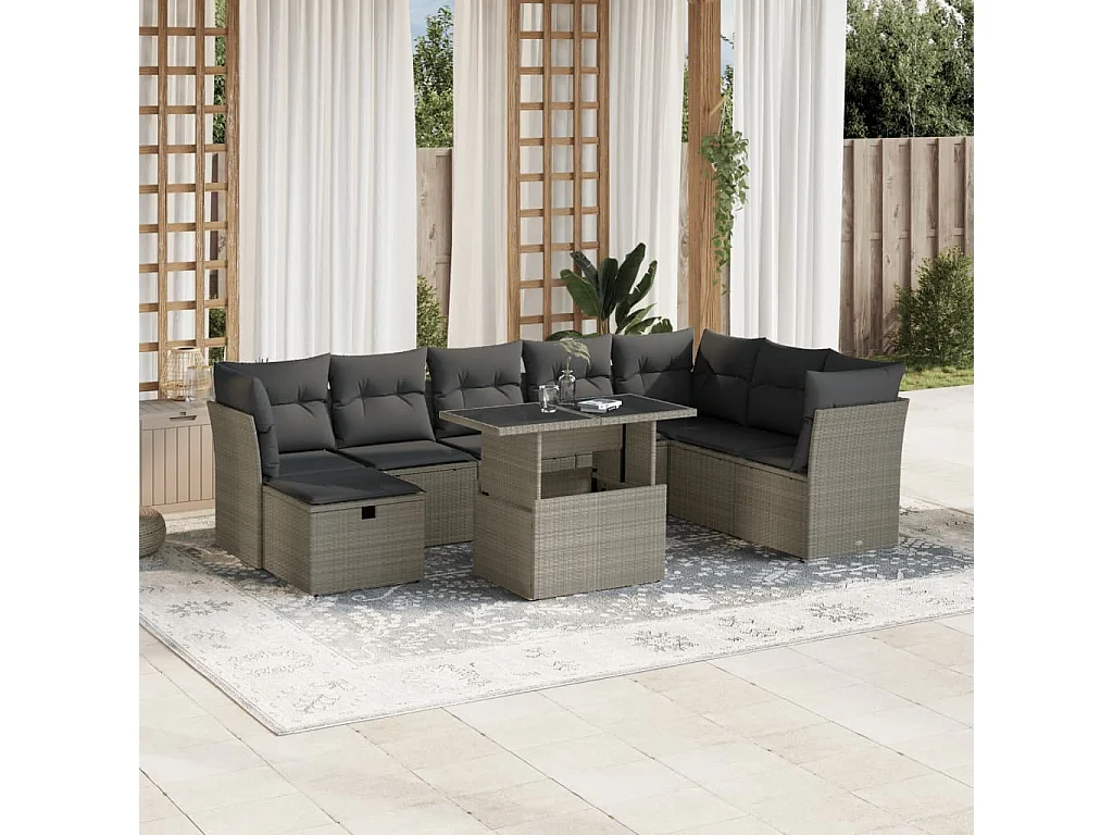 Salon de jardin 9 pcs avec coussins gris clair résine tressée