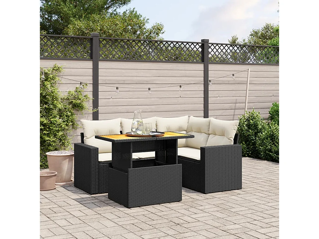 5-delige Loungeset met kussens poly rattan zwart