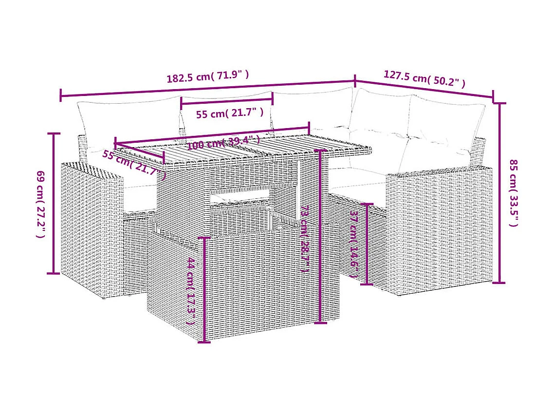 5-delige Loungeset met kussens poly rattan zwart