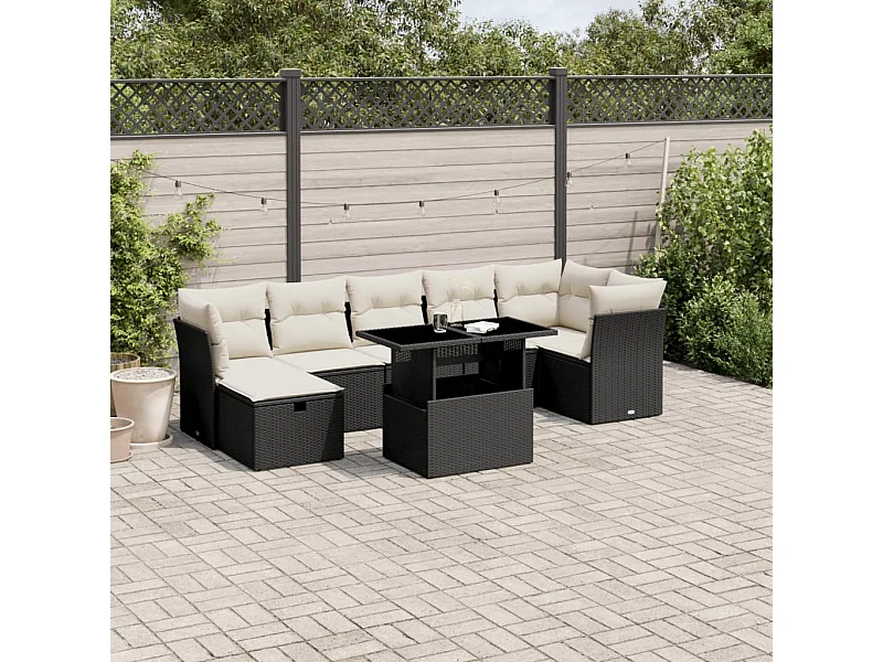 8-tlg. Garten-Sofagarnitur mit Kissen Schwarz Poly Rattan
