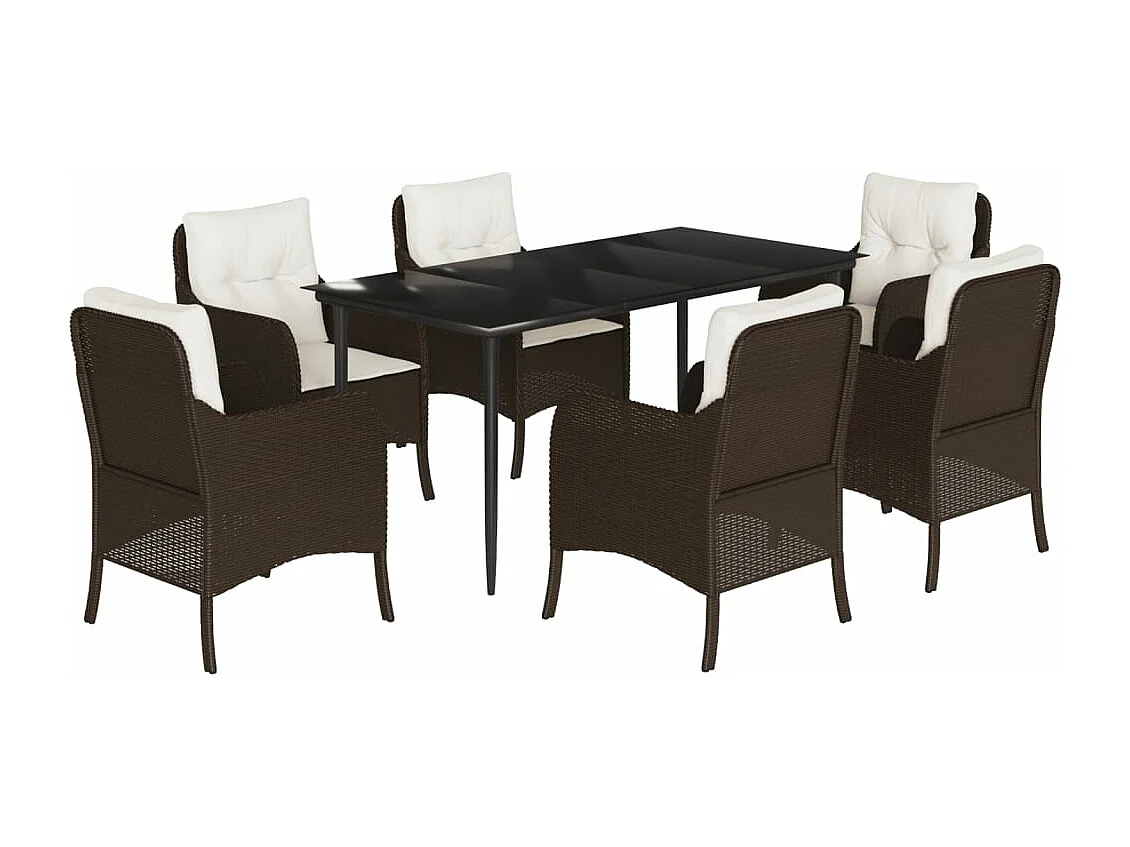 Set da Pranzo da Giardino 7pz con Cuscini in Polyrattan Marrone