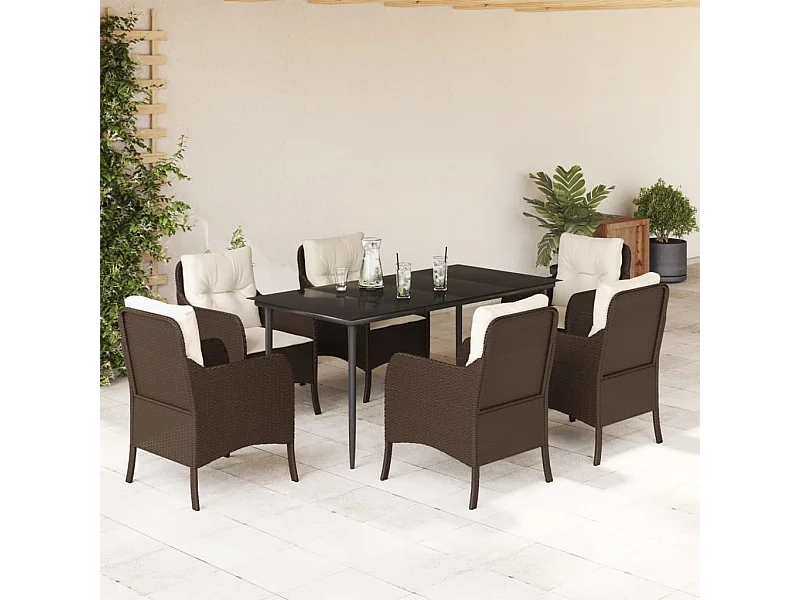 Set da Pranzo da Giardino 7pz con Cuscini in Polyrattan Marrone
