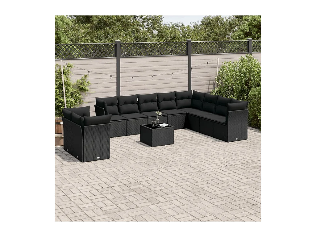 11-delige Loungeset met kussens poly rattan zwart